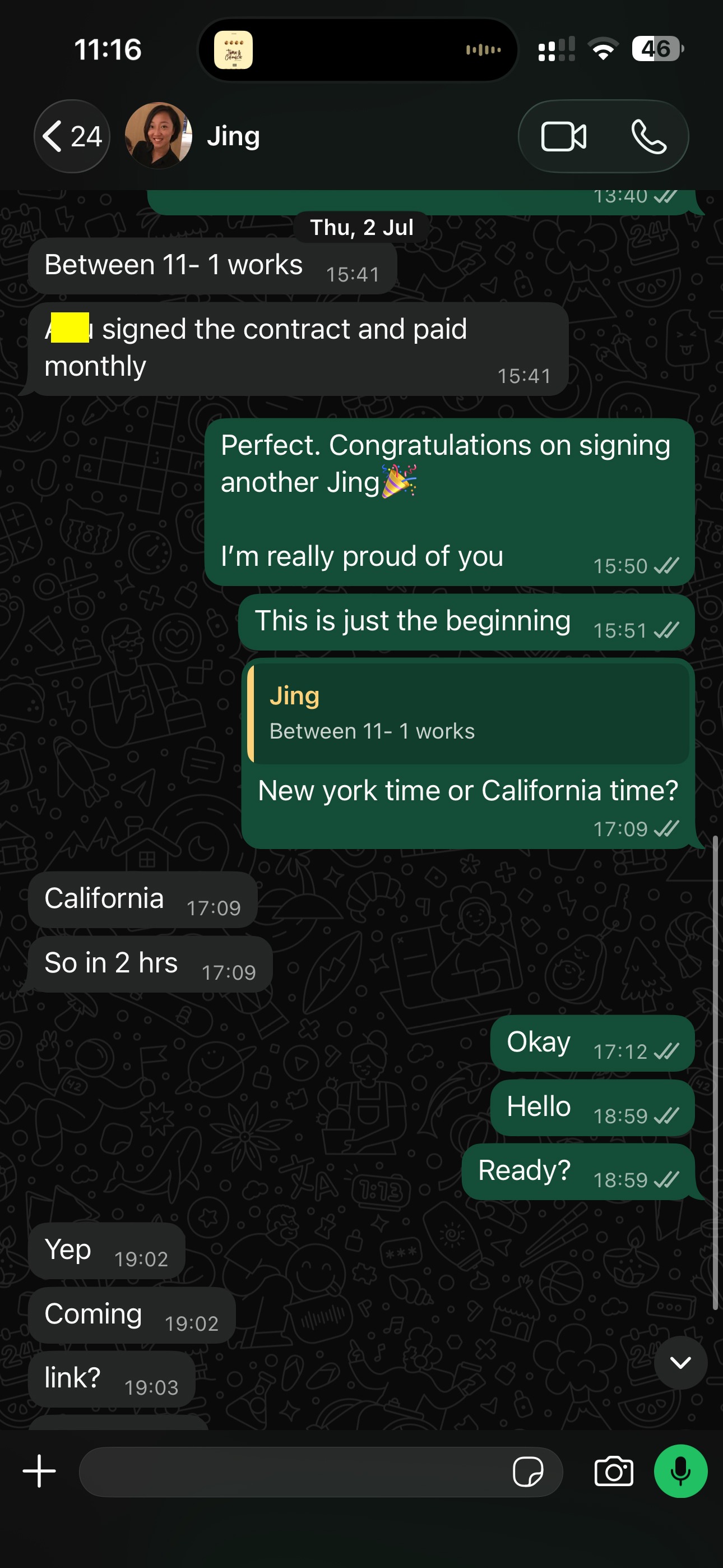 WhatsApp message from Jing saying a client signed the contract and paid monthly.