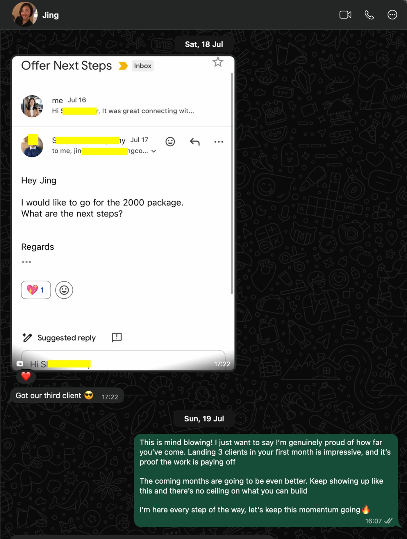 WhatsApp message from Jing sharing a client taking the 2000 package, her third client that month.