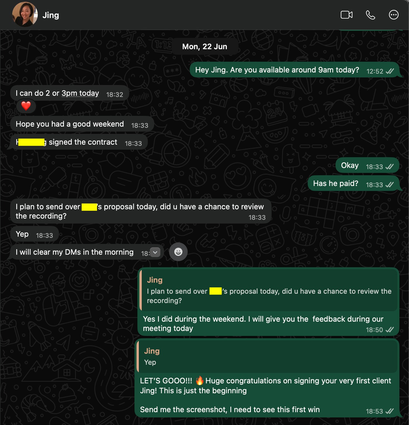WhatsApp exchange celebrating Jing signing her very first client.