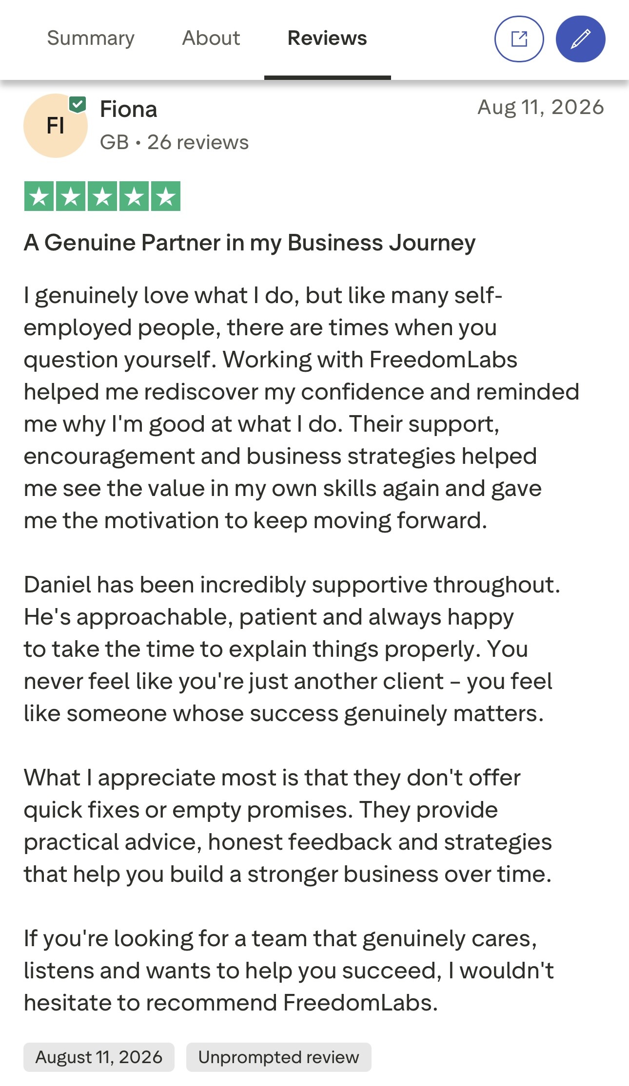 Five star Trustpilot review from Fiona titled A Genuine Partner in my Business Journey.